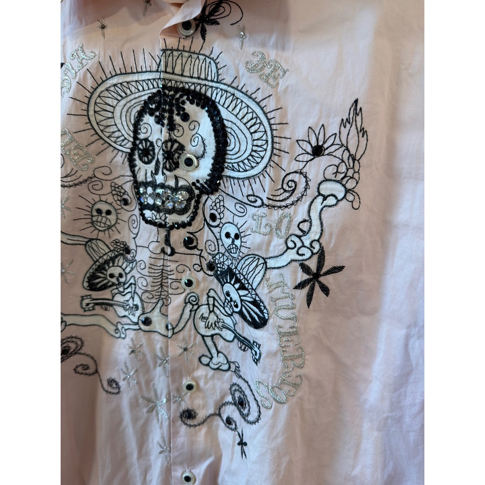 Energie Gold Button Up Shirt Mens L Pink Dia de los Muertos Skull Y2K - Picture 3 of 9